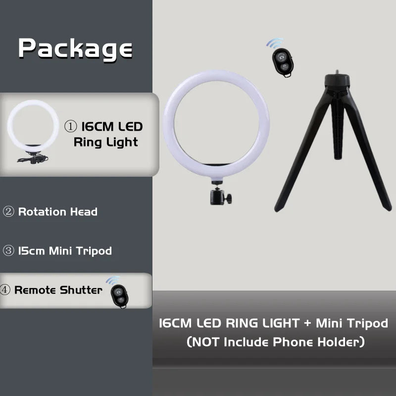 16cm/26cm/30cm LED Selfie Ring Lighting Photographic Ring Lamp USB Remote Fill Light Video Live Phone Holder & Tripod