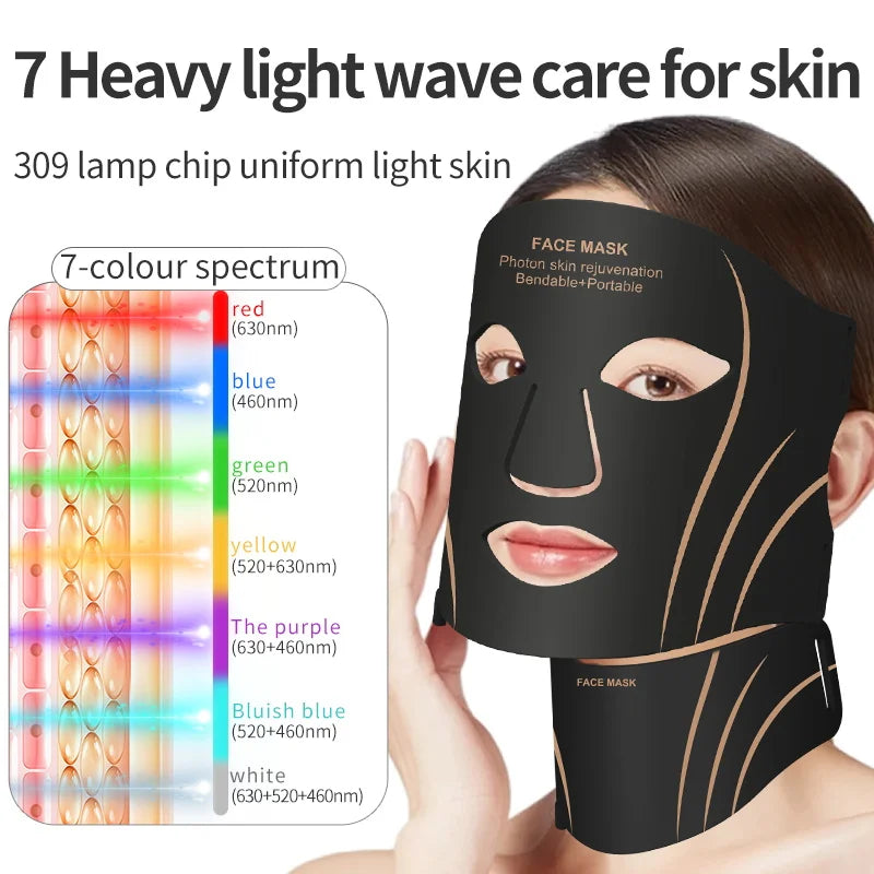 7 Color LED Face Neck Mask Wireless Silicone Red Light Facial Beauty Device Protable Skin Care Tool for Skin Rejuvenation