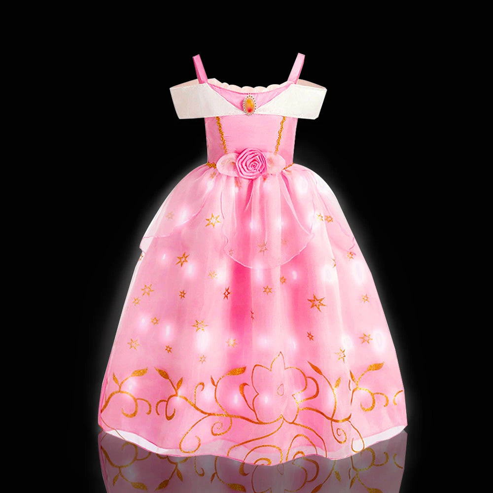 2PCS LED Light Up Sleeping Beauty Pink Princess Dress for Kids Girl Off Shoulder Aurora Costume Fancy Carnival Party Outfits