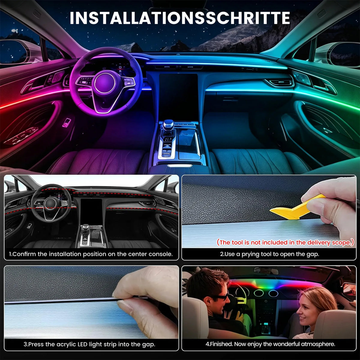2/6 in 1 Car Interior LED Ambient Lighting Kit, USB Powered Flexible Neon Strip, APP Control RGB Sound Music Sync, Car Center Console Dashboard Atmosphere Lights