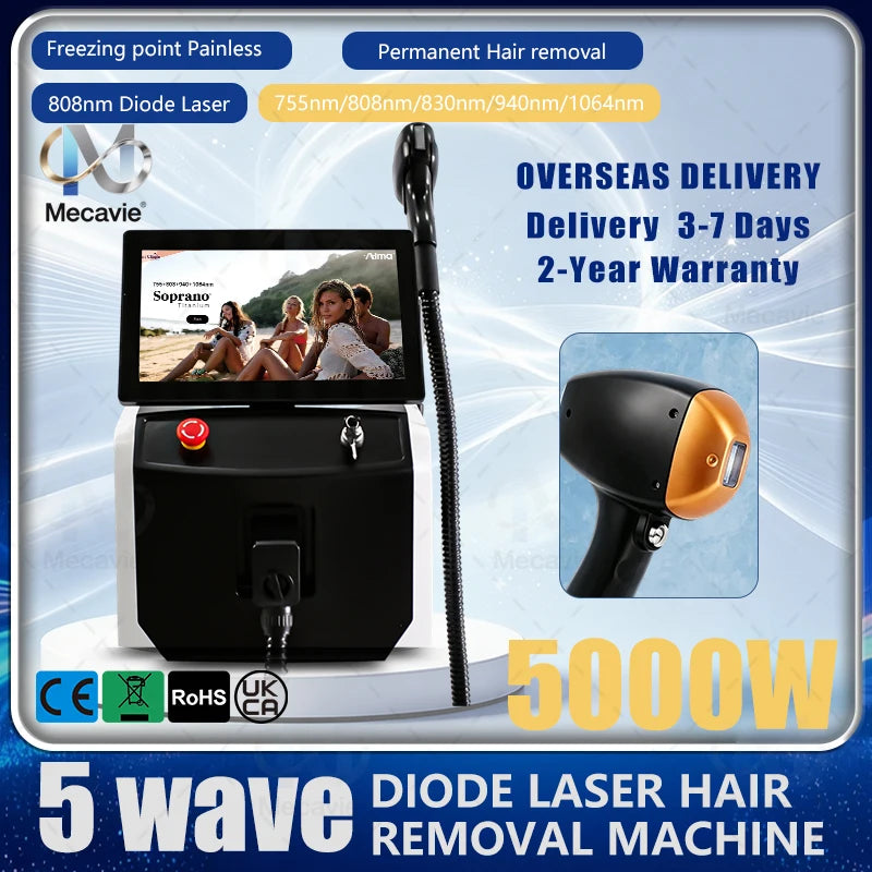 5-Wavelength Diode Laser Hair Removal Device 755/808/830/940/1064nm Ice-Cool Permanent Hair Remover for Salon Beauty Therapy