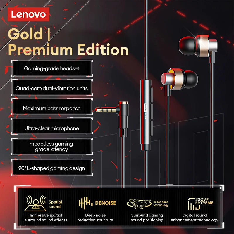 Lenovo Y100 1.2M In-Ear L-Shaped Wired Earphones Gaming Headset Ultra-Low Latency E-Sports Headphones Comfortable Sports Earbuds