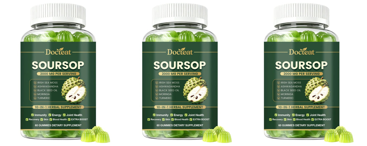Docteat Soursop Gummies with Irish Sea Moss Ashwagandha Herbal Extract Blend Beauty Wellness Support Daily Nutrition 60 Gummies