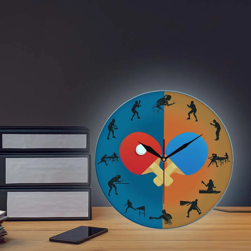 Pingpong Game Player Silhouette Printed Wall Clock Sports Home Décor Table Tennis Bat Silent Swept Wall Watch Pingpong Fans Gift