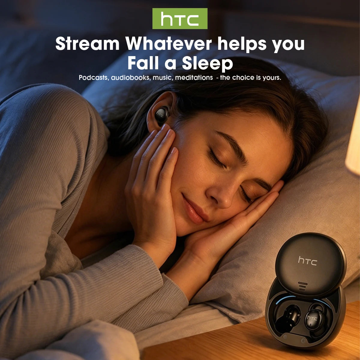 HTC Sleep Earbuds Wireless Bluetooth Earphones Side Sleeper Comfort Noise Cancelling Block Snoring Ultra-Lightweight Headphones