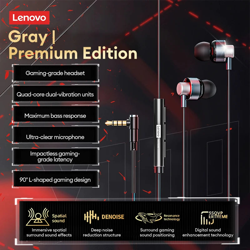 Lenovo Y100 1.2M In-Ear L-Shaped Wired Earphones Gaming Headset Ultra-Low Latency E-Sports Headphones Comfortable Sports Earbuds