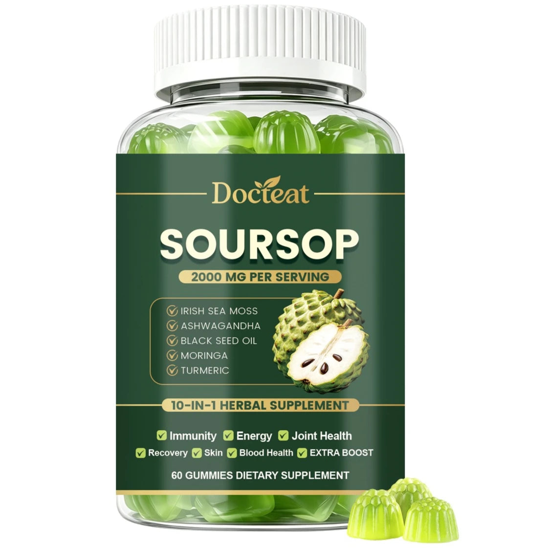 Docteat Soursop Gummies with Irish Sea Moss Ashwagandha Herbal Extract Blend Beauty Wellness Support Daily Nutrition 60 Gummies