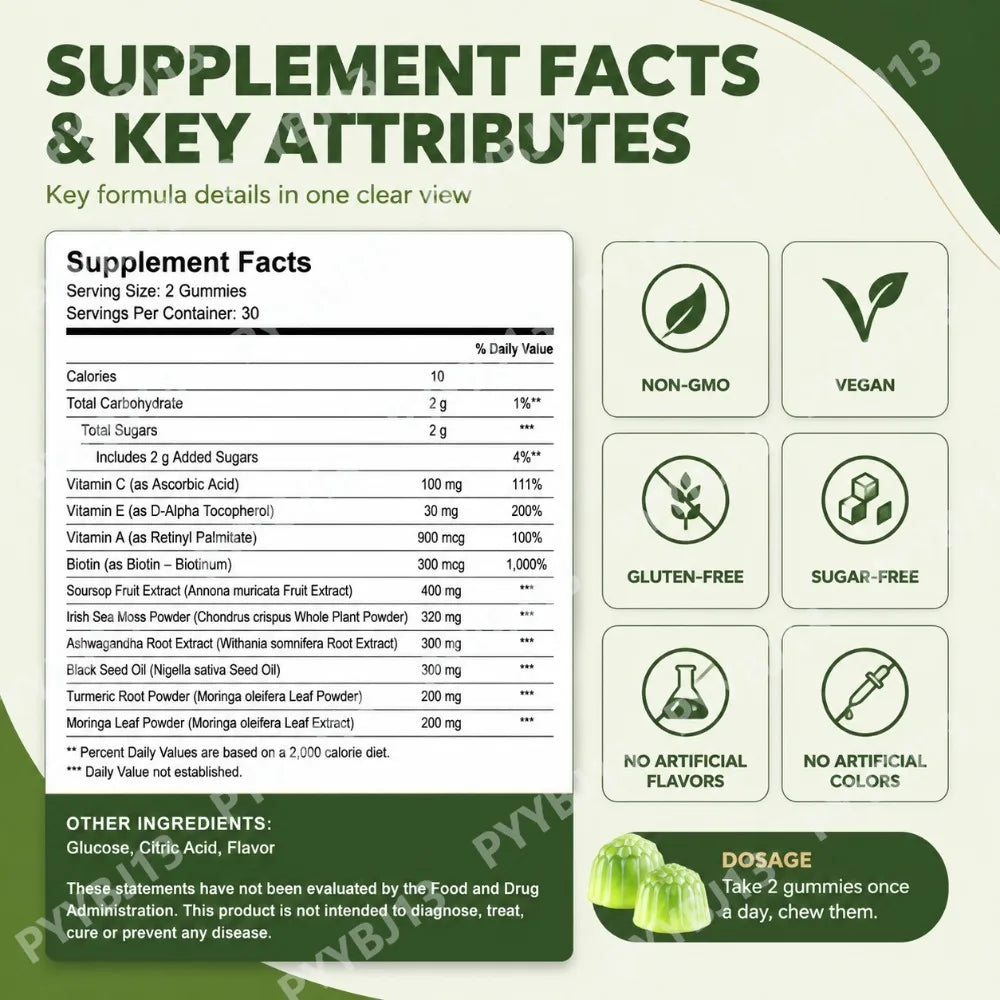 Docteat Soursop Gummies with Irish Sea Moss Ashwagandha Herbal Extract Blend Beauty Wellness Support Daily Nutrition 60 Gummies