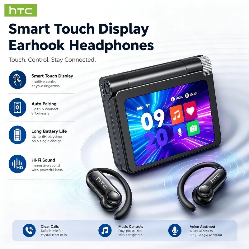 HTC NE80 Bluetooth Earphones  LED Display Smart Touch Control Open-back Earbuds Long Battery Life Sports Wireless Headphones