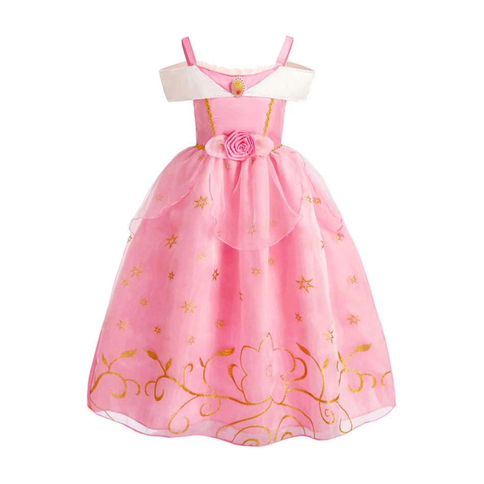 2PCS LED Light Up Sleeping Beauty Pink Princess Dress for Kids Girl Off Shoulder Aurora Costume Fancy Carnival Party Outfits