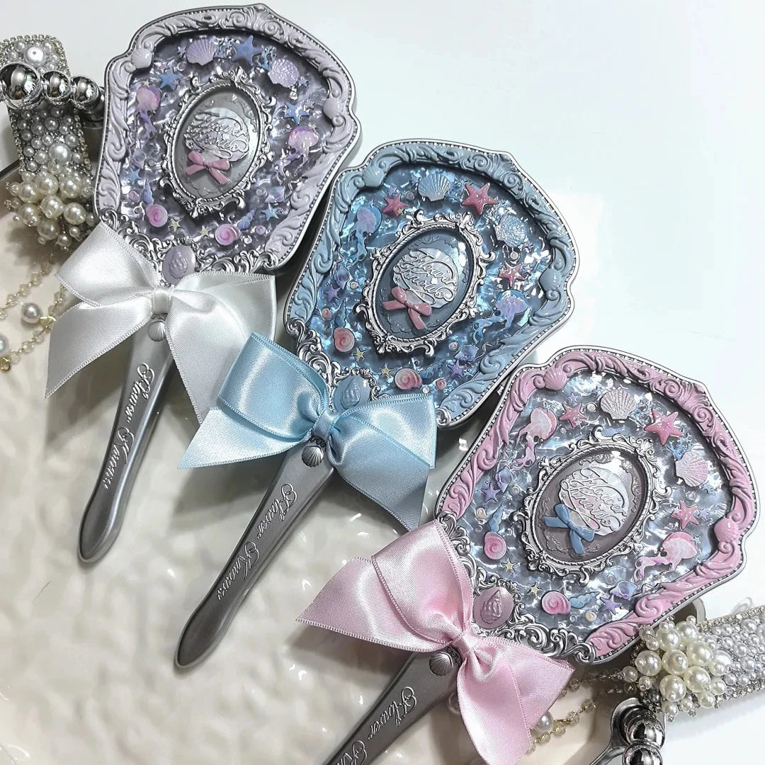 Flower Knows Shell Jewel Hand Mirror Ocean Style Makeup Mirror Portable Compact Beauty Mirror Aesthetic Princess Vanity Mirror