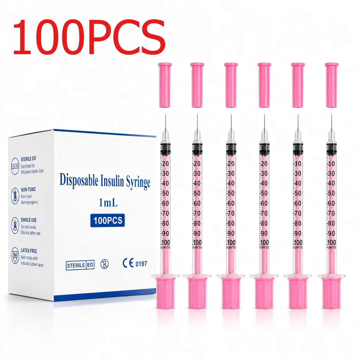 100Pcs/Box Beauty 1ml Pink Insulin Syringe 30G/31G Needle 8mm EO Gas Sterilized in Blister Pack for Beauty Machine Tools