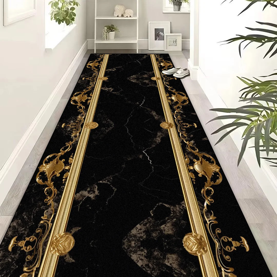 European Luxury  Black Gold  Corridor Carpets Hotel Lobby Stair Non-slip Aisle Rugs Office Room Entrance Passageway Floor Mats