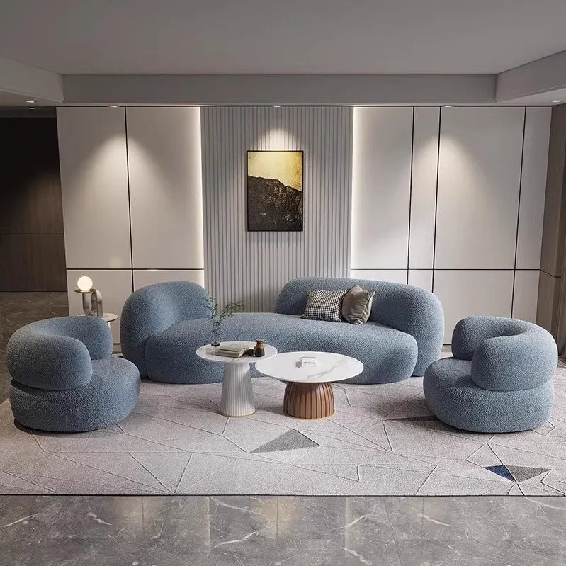 Luxury lambskin fabric curved sofa and coffee table modern minimalist living room, beauty salon, and clothing store furniture