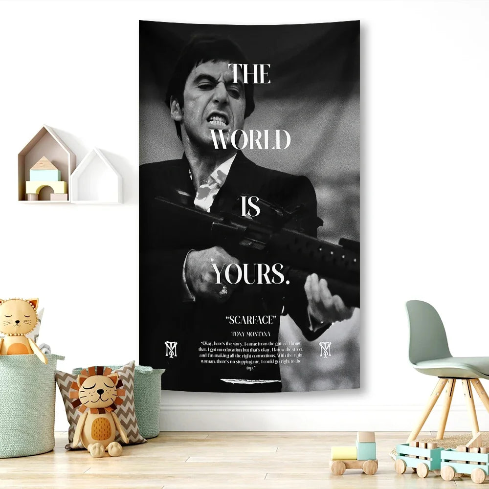 Scarface: The World Is Your Classic Movie Poster Tapestry With Tony Canvas Painting, Living Room Home Décor Wall Art
