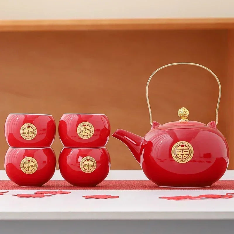 Red Ceramic Tea Set, Chinese Wedding Tea Set, Handmade Tea Pot Set, Special Customized Home Porcelain Beauty Tea Cup Set