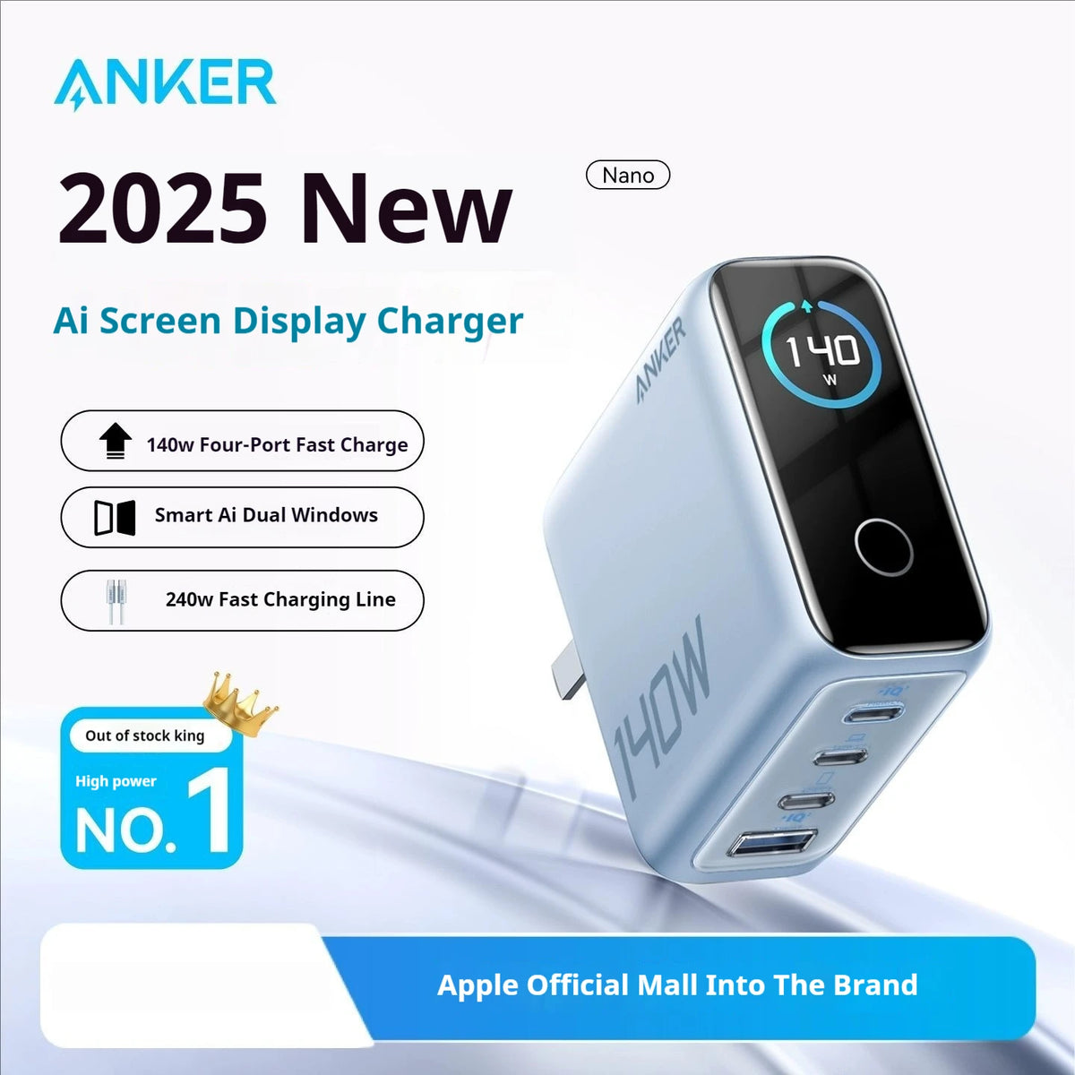 Anker Zolo 140W Fast Charge USB Type C Charger with LED Display Four Ports for iPhone Xiaomi Smartphone Laptop Phone Accessories