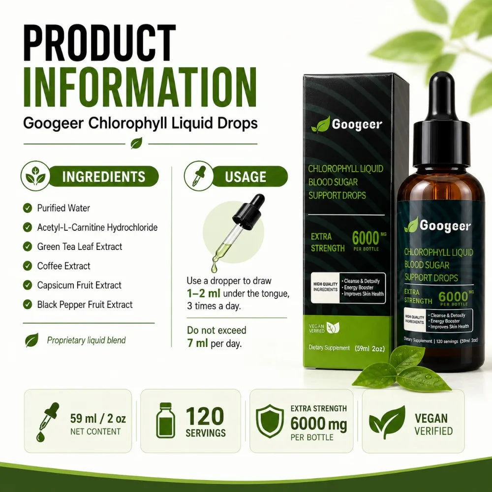Googeer Chlorophyll Liquid Drops 6000mcg 59ml Vegan Daily Wellness Supplement with Green Tea Extract Energy & Beauty Support