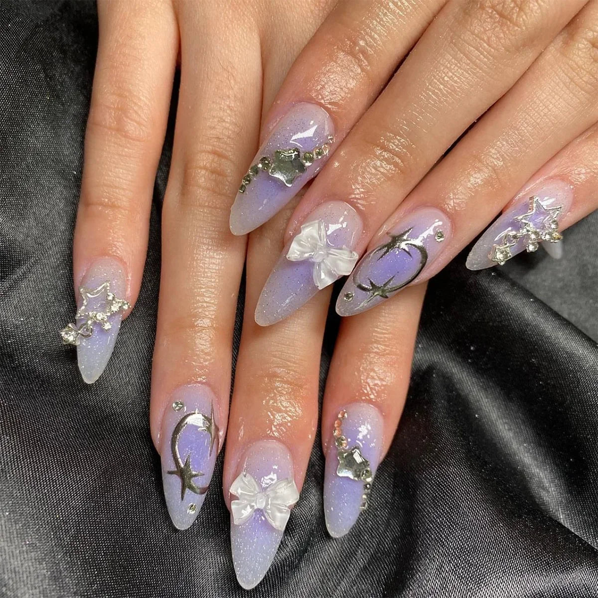 24Pcs Pink Cloud Sweet Star Moon Acrylic Nails Press on Almond Wearable Full Cover False Nails Art Tips Fingernail Beauty