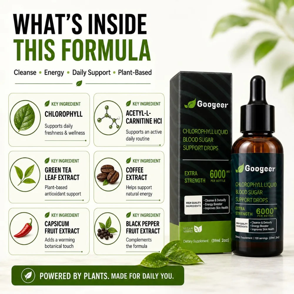 Googeer Chlorophyll Liquid Drops 6000mcg 59ml Vegan Daily Wellness Supplement with Green Tea Extract Energy & Beauty Support