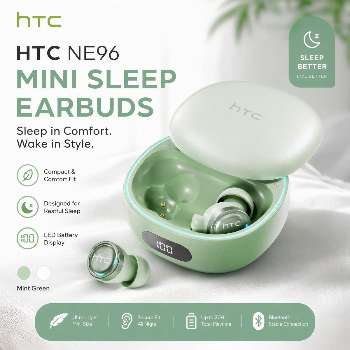 HTC NE96 Wireless  Bluetooth V6.0 Earphones TWS Wireless Headphones Power Display Noise Reduction Mini In-Ear Earbuds for Sleep