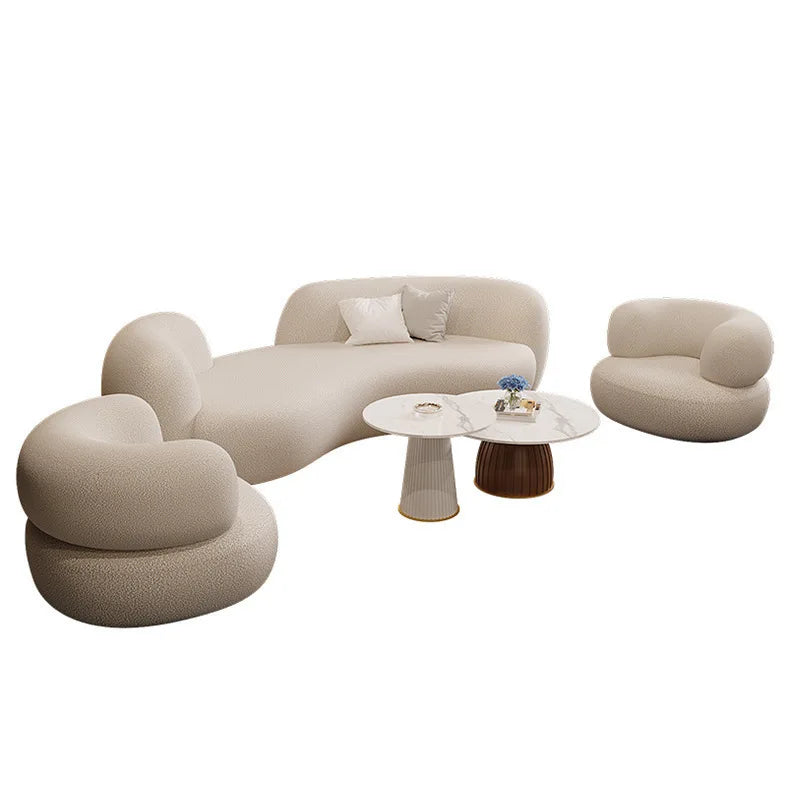 Luxury lambskin fabric curved sofa and coffee table modern minimalist living room, beauty salon, and clothing store furniture