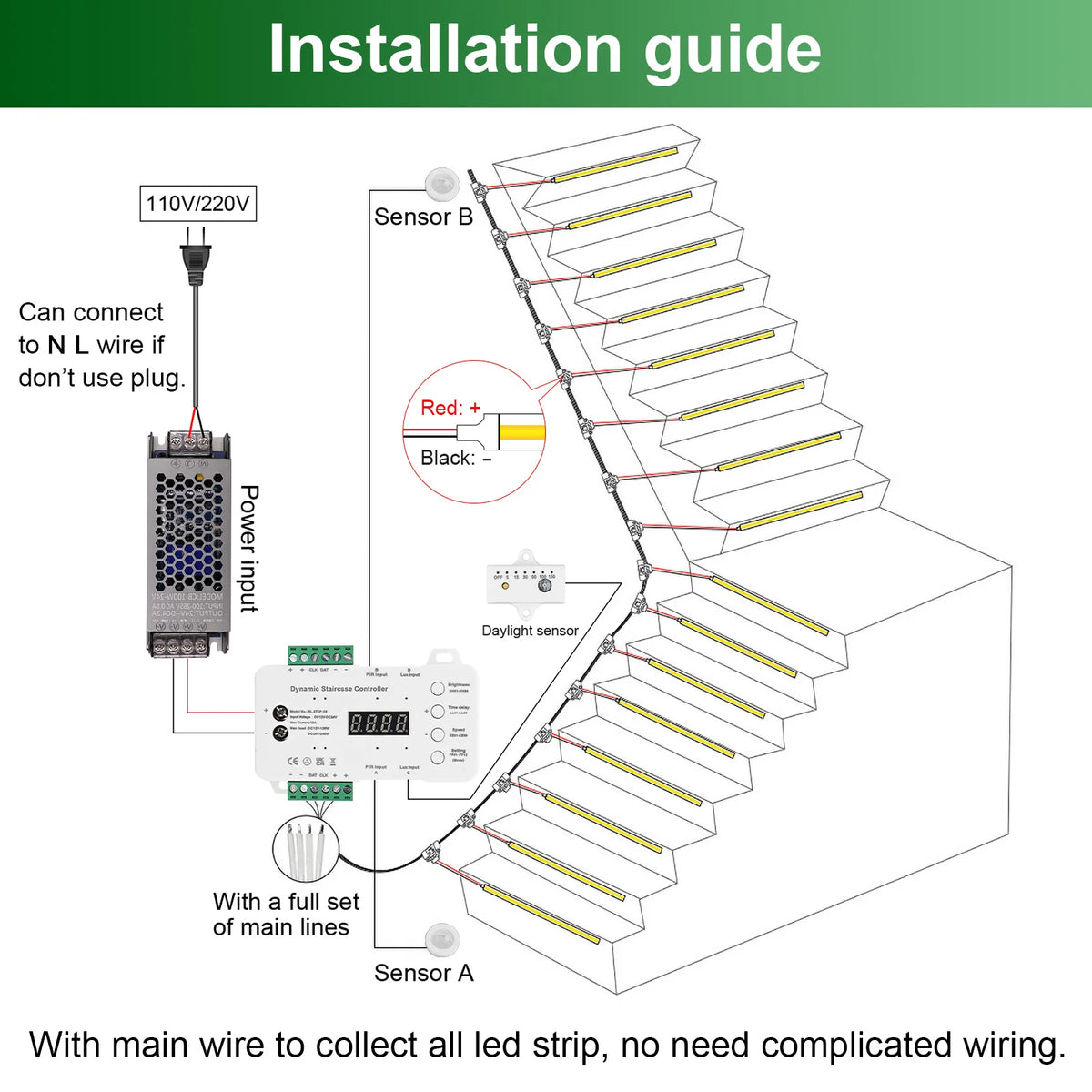 Indoor Stair Light 16 20 Step PIR Motion Sensor Staircase Lighting Step by Step Control with Daylight Sensors Dynamic Dimmable