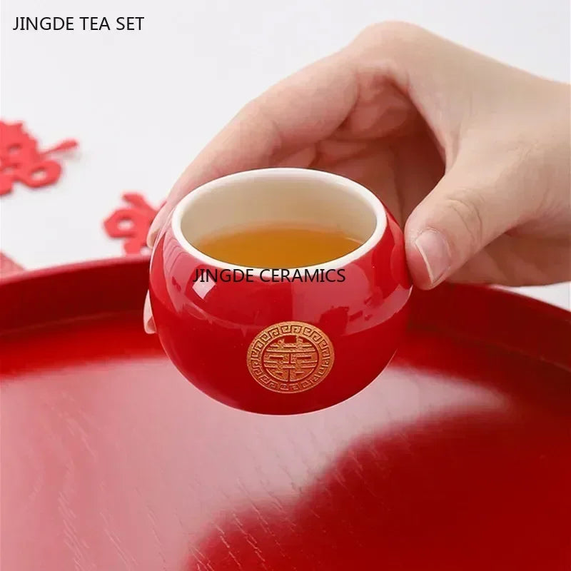 Red Ceramic Tea Set, Chinese Wedding Tea Set, Handmade Tea Pot Set, Special Customized Home Porcelain Beauty Tea Cup Set
