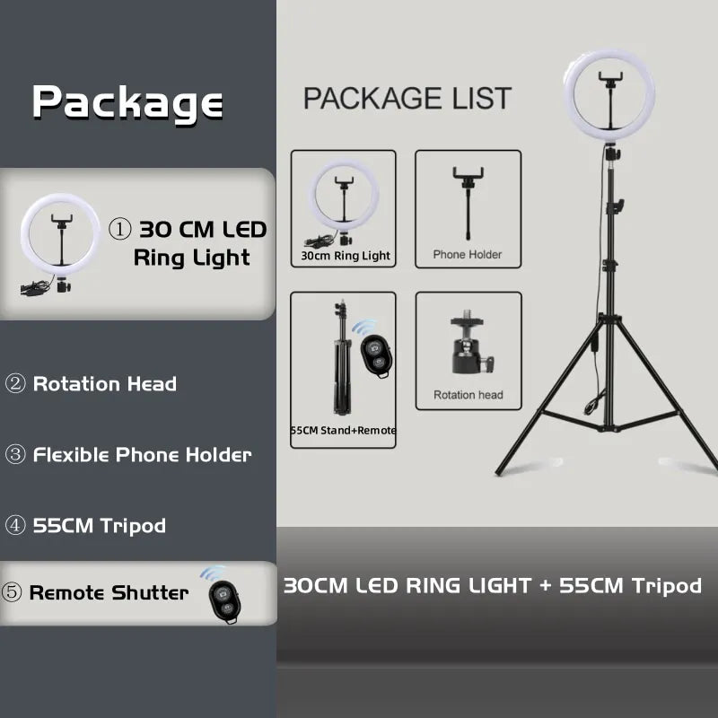 16cm/26cm/30cm LED Selfie Ring Lighting Photographic Ring Lamp USB Remote Fill Light Video Live Phone Holder & Tripod