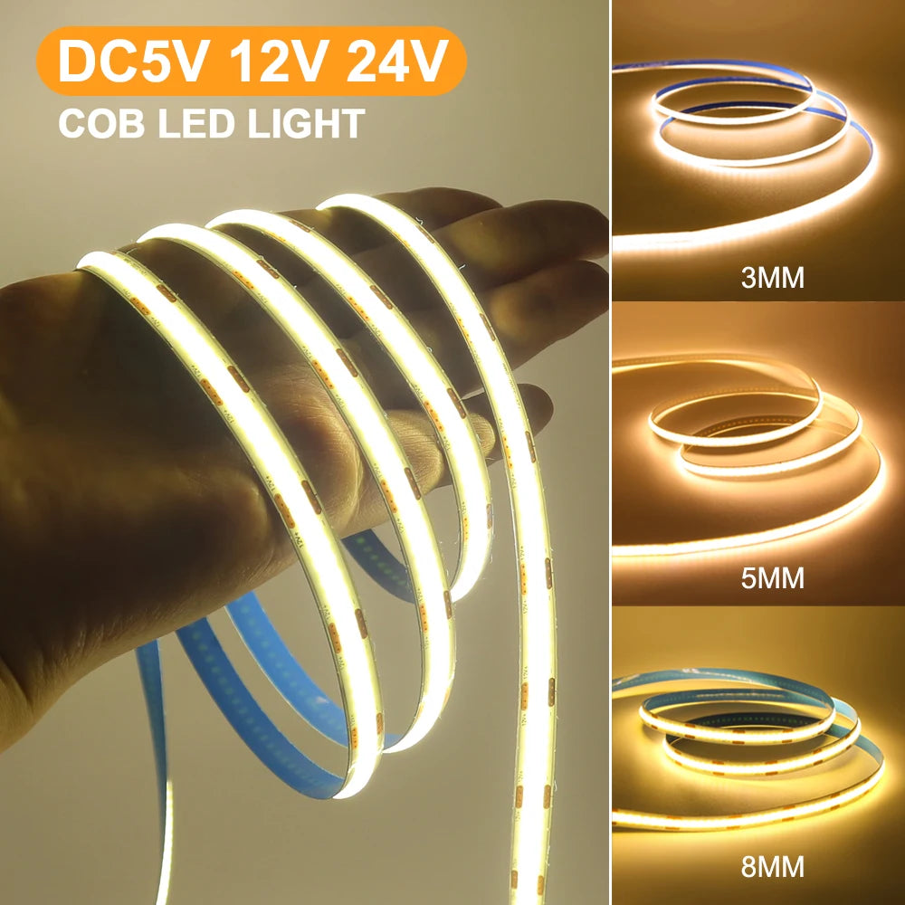5V 12V COB LED Strip Light Ultra Thin 3MM 5MM 8MM Flexible Tape 320Leds/m RA90 Dimmable Linear Lighting Warm Natural Cool White