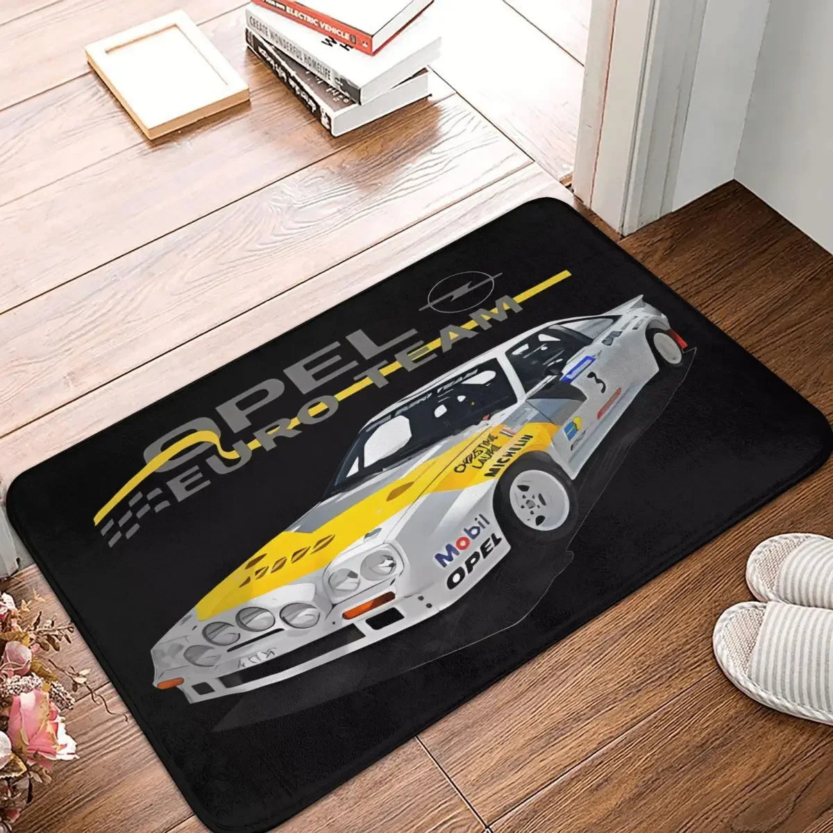 Opel Euro Team Racing Car Floor Mat - Vibrant Sports Design for Entrances, Perfect for Auto Enthusiasts and Modern Home Décor
