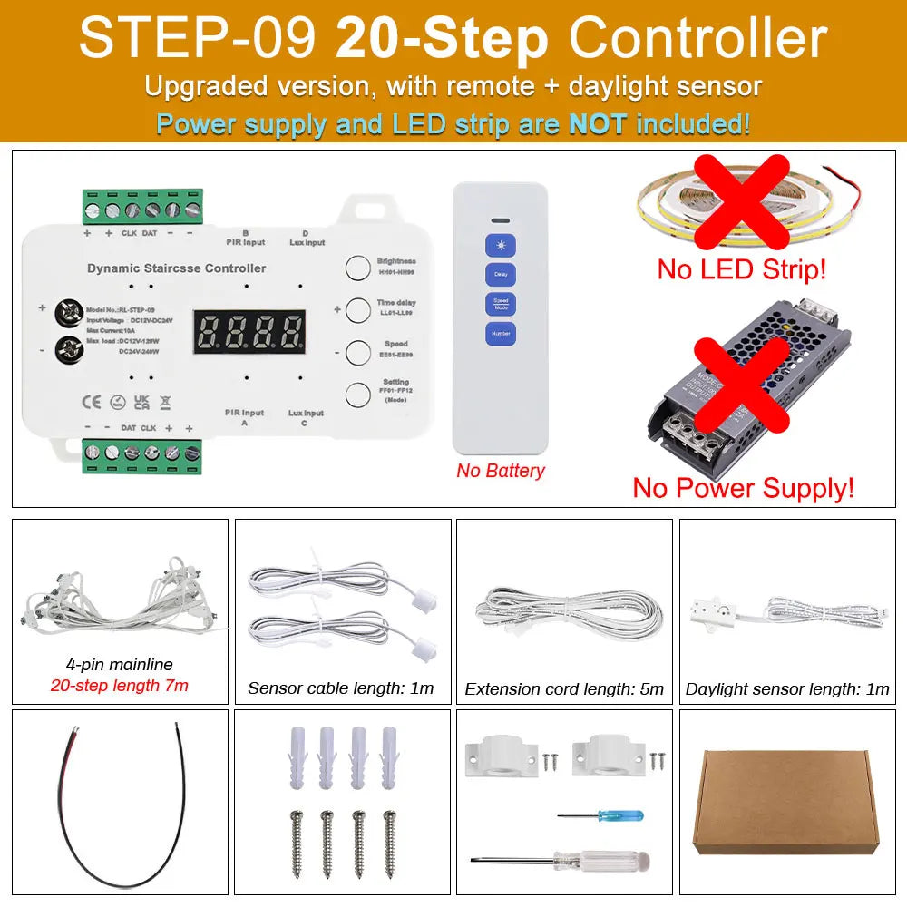 Indoor Stair Light 16 20 Step PIR Motion Sensor Staircase Lighting Step by Step Control with Daylight Sensors Dynamic Dimmable