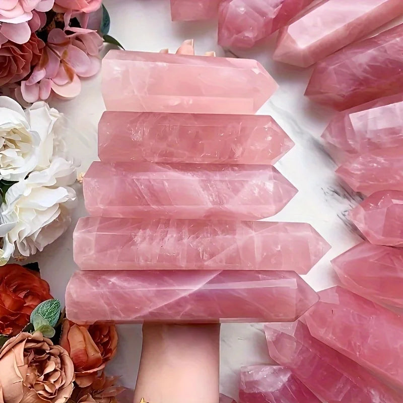 One rose quartz pointed cane, rose quartz tower, quartz crystal obelisk, suitable for party favors and home décor.