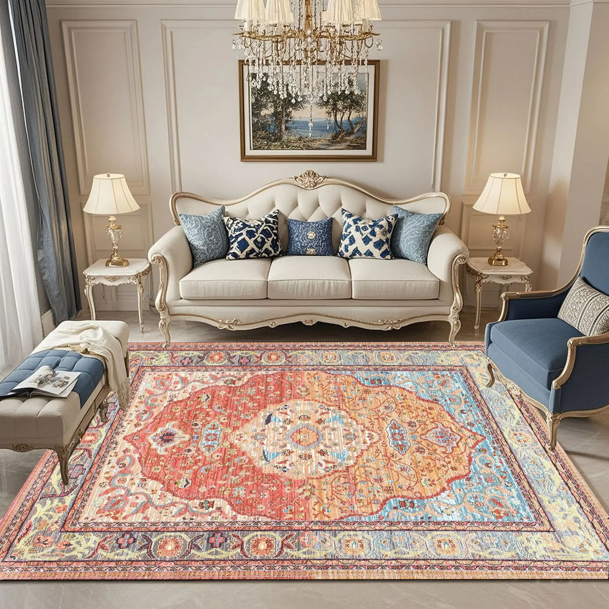 VIKAMA Bohemian Rug Durable And Machine Washable Living Room Coffee Table Mat Bedside Rug For Bedrooms Home Décor
