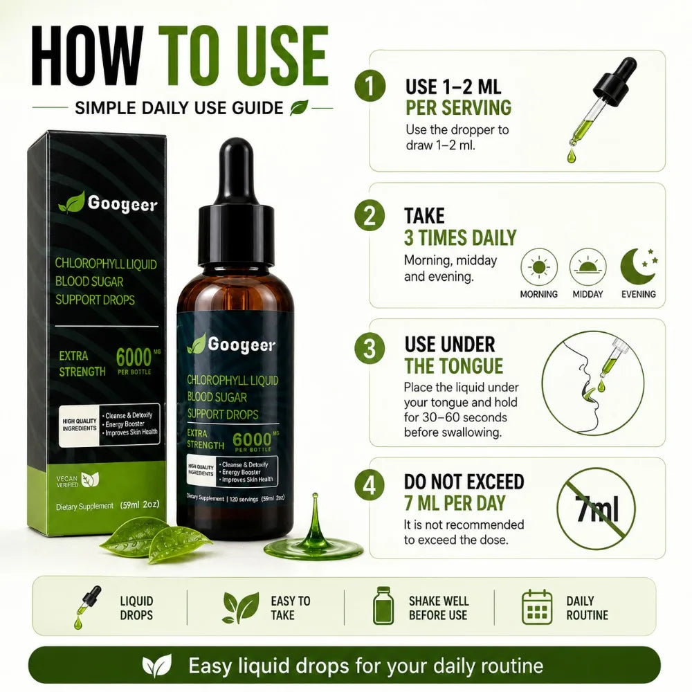Googeer Chlorophyll Liquid Drops 6000mcg 59ml Vegan Daily Wellness Supplement with Green Tea Extract Energy & Beauty Support
